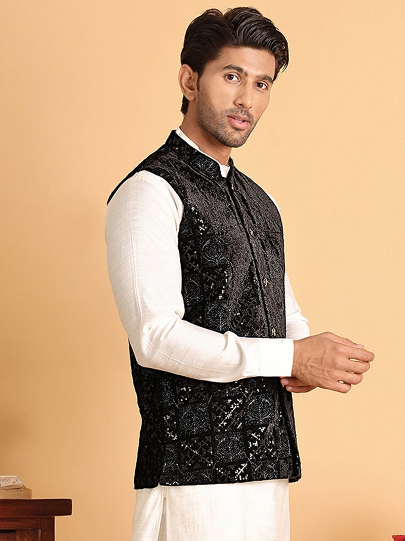 NOZ2TOZ Black Embroidered Nehru Jacket for Men - Image 2