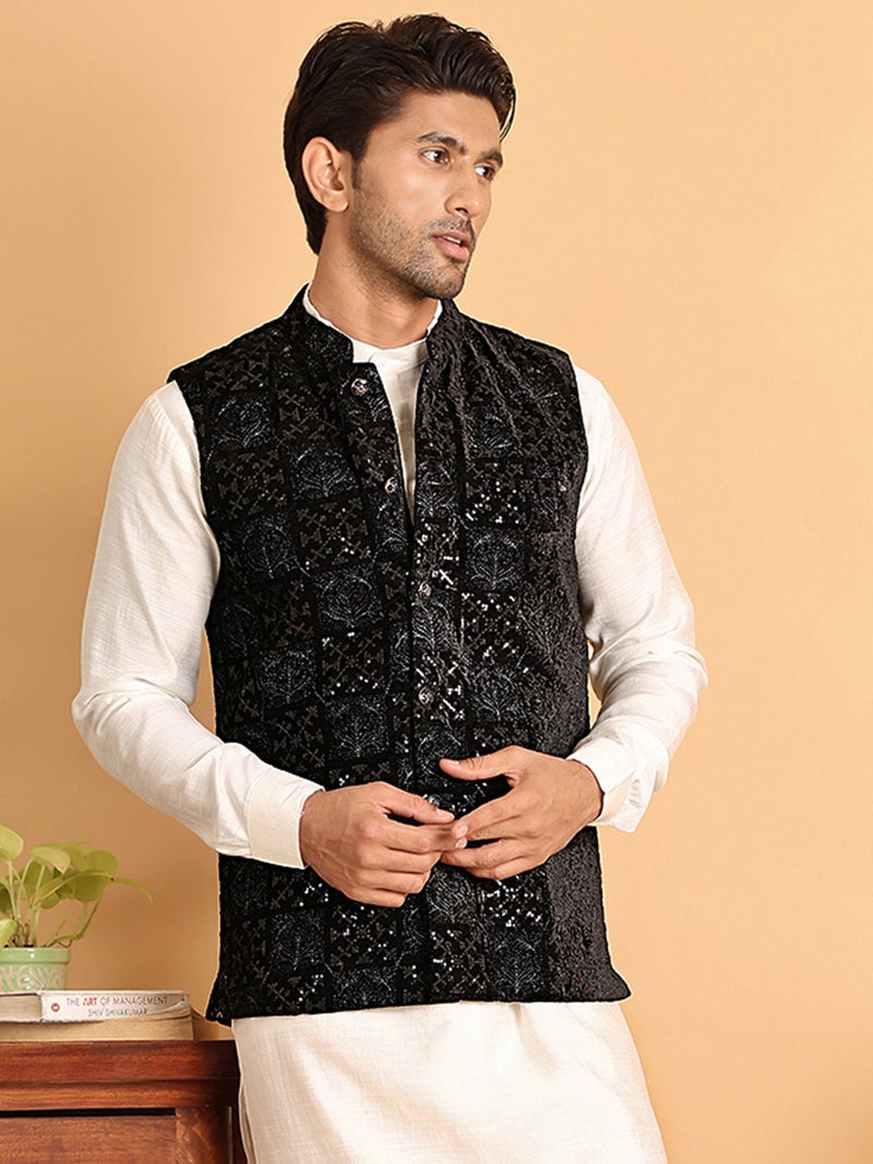NOZ2TOZ Black Embroidered Nehru Jacket for Men - Image 1
