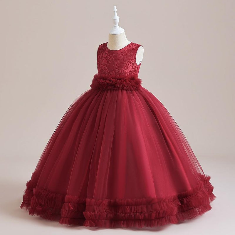 Girls Dress Fluffy Princess Dress Little Girl Flower Girls Wedding Dress Host Costume Big Boys Long dress LP-335-Bordeaux