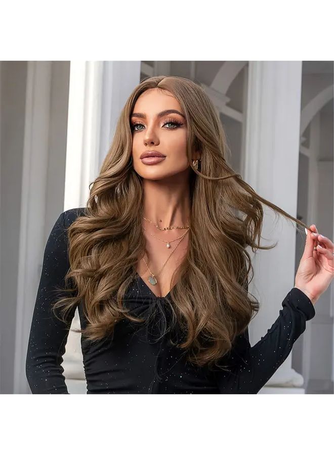 باروكة بني طويل مموج للنساء 26 بوصة ألياف عالية الحرارة شبكة وردية كثافة 150 قطعة شعر للزفاف والمناسبات الرسمية - Image 3