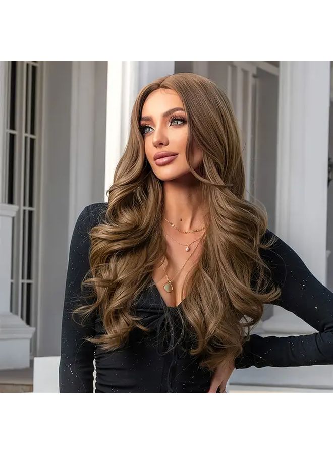 باروكة بني طويل مموج للنساء 26 بوصة ألياف عالية الحرارة شبكة وردية كثافة 150 قطعة شعر للزفاف والمناسبات الرسمية - Image 5