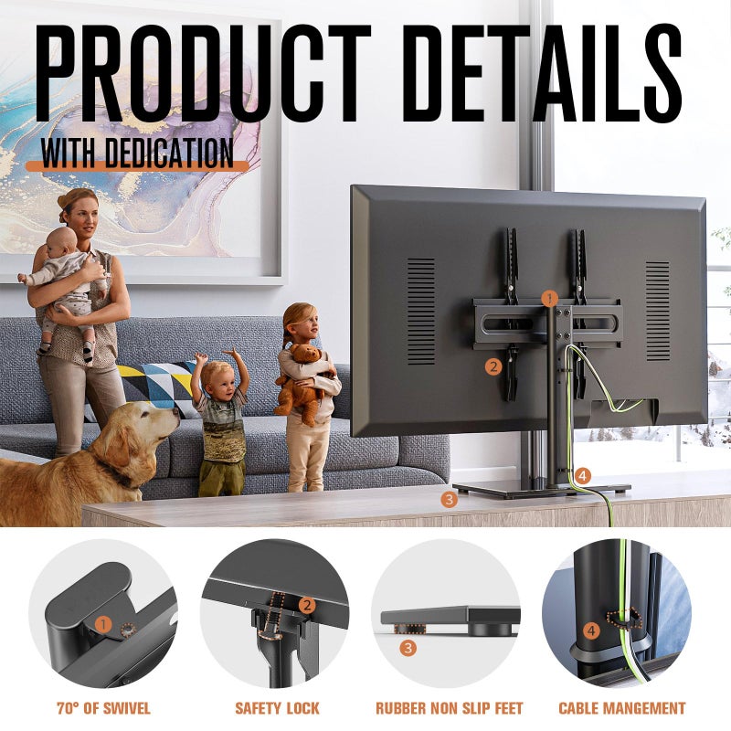 Hemudu Universal Swivel TV Stand - Table Top TV Stand for 27-60 inch LCD LED TVs - Height Adjustable TV Base Stand with Tempered Glass Base & Wire Management, VESA 400x400mm HT06B-002 - Image 5