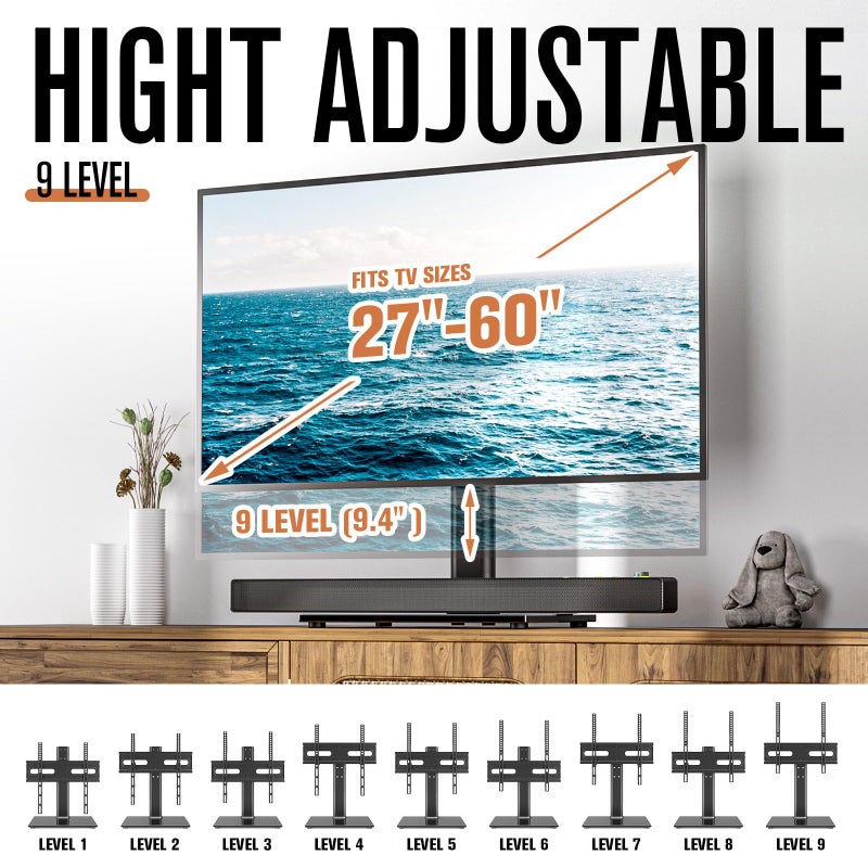 Hemudu Universal Swivel TV Stand - Table Top TV Stand for 27-60 inch LCD LED TVs - Height Adjustable TV Base Stand with Tempered Glass Base & Wire Management, VESA 400x400mm HT06B-002 - Image 3