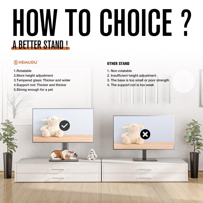 Hemudu Universal Swivel TV Stand - Table Top TV Stand for 27-60 inch LCD LED TVs - Height Adjustable TV Base Stand with Tempered Glass Base & Wire Management, VESA 400x400mm HT06B-002 - Image 4