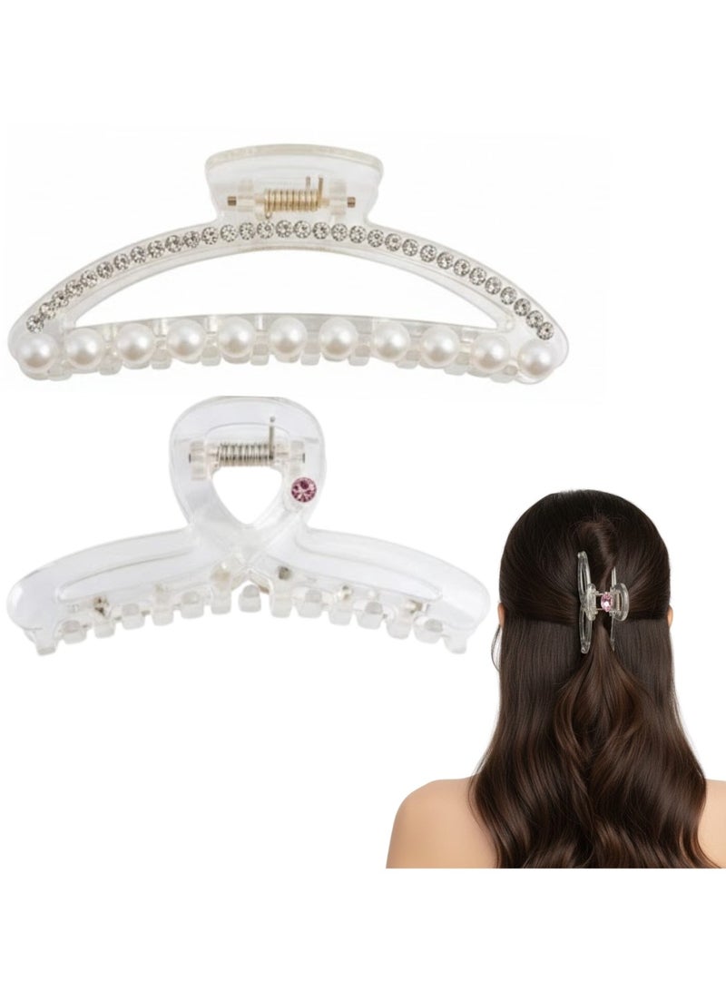 Dantiya 2 Pcs Fancy Hair Claw Clip Set for Girls & Women – Pearl & Crystal Clear Strong Hold Non-Slip Acrylic Hair Clips for Thick & Thin Hair – Elegant Women's Hair Accessories for Styling, Pinning Bangs, Buns & Everyday Hairstyles, Perfect for weddings, parties, birthdays - Image 1