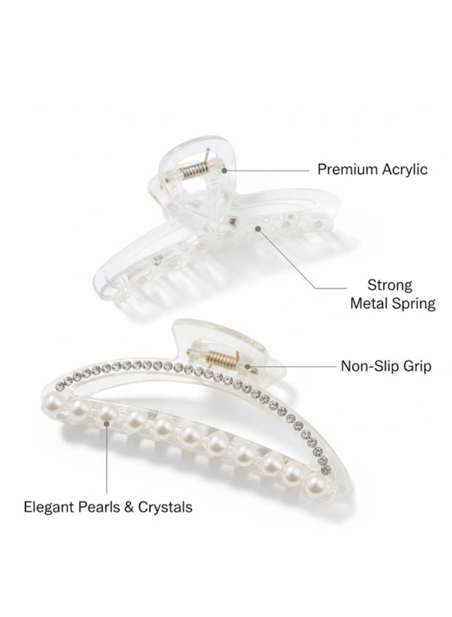 Dantiya 2 Pcs Fancy Hair Claw Clip Set for Girls & Women – Pearl & Crystal Clear Strong Hold Non-Slip Acrylic Hair Clips for Thick & Thin Hair – Elegant Women's Hair Accessories for Styling, Pinning Bangs, Buns & Everyday Hairstyles, Perfect for weddings, parties, birthdays - Image 2