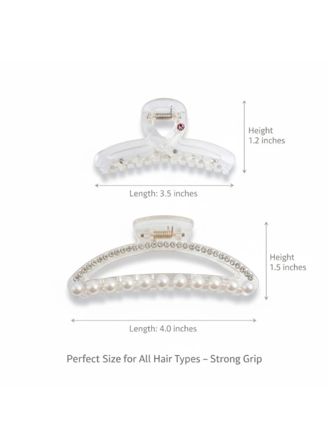 Dantiya 2 Pcs Fancy Hair Claw Clip Set for Girls & Women – Pearl & Crystal Clear Strong Hold Non-Slip Acrylic Hair Clips for Thick & Thin Hair – Elegant Women's Hair Accessories for Styling, Pinning Bangs, Buns & Everyday Hairstyles, Perfect for weddings, parties, birthdays - Image 4