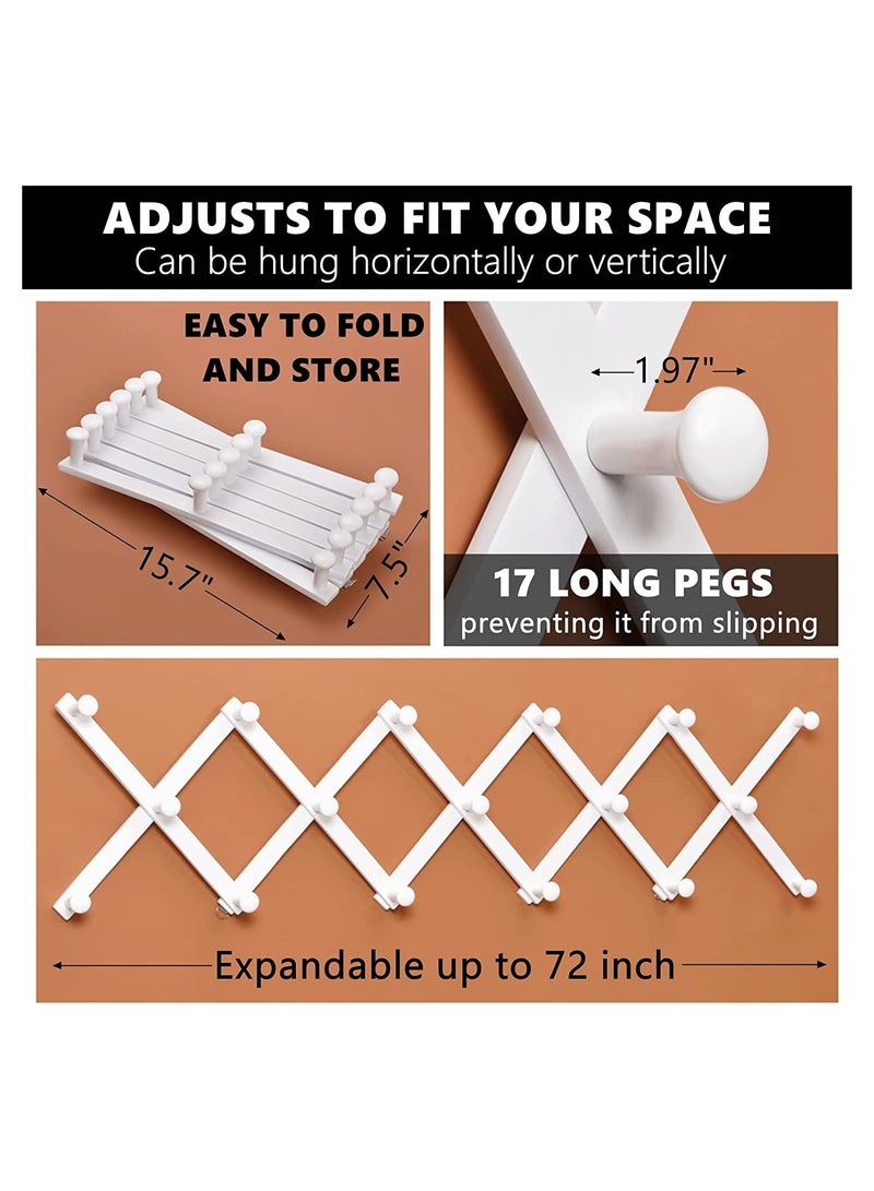 Amber Home Wood Accordion Wall Rack 17 Hooks (Pegs), Expandable Wall Mounted Hanger for Coat, Hat, Scarf, Coffee Mugs, X Shape Coat Hooks (White Color)  - Image 2