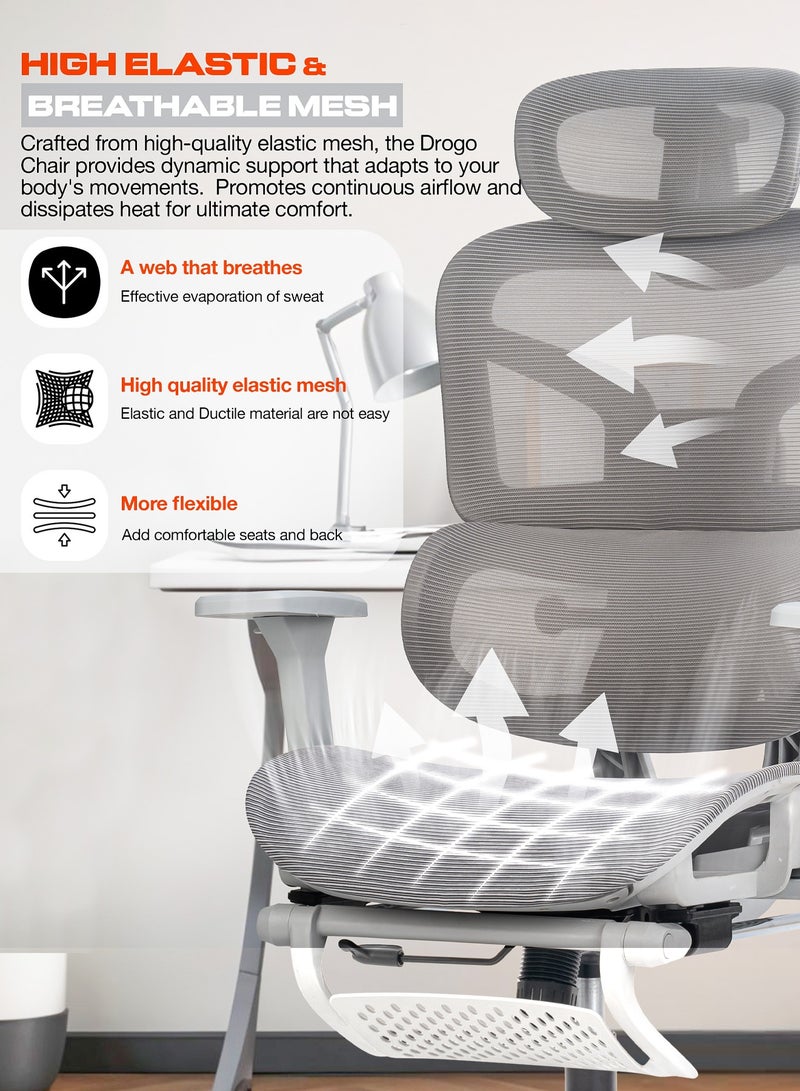 دراجو كرسي مكتب مريح فاخر للعمل من المنزل، كرسي كمبيوتر عالي الظهر للدراسة، مزود بشبكة تسمح بمرور الهواء، ومسند ذراع ثلاثي الأبعاد، ومسند رأس رباعي الأبعاد، ودعم أسفل الظهر | كرسي مكتب للاستخدام المنزلي | كرسي ألعاب بمسند للقدمين وإمكانية الاستلقاء، رمادي - Image 4