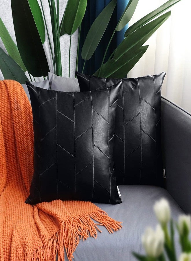 BRAWARM Faux Leather Pillow Covers 18 X 18 Inches, Black Leather Pillow Covers Pack of 2, Geometric Embroidery Leather Decorative Throw Pillows for Living Room Couch Bed Sofa Home - Image 2