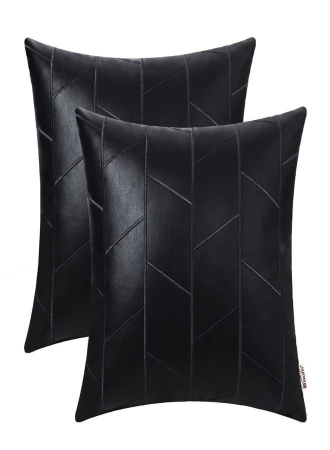 BRAWARM Faux Leather Pillow Covers 18 X 18 Inches, Black Leather Pillow Covers Pack of 2, Geometric Embroidery Leather Decorative Throw Pillows for Living Room Couch Bed Sofa Home - Image 1