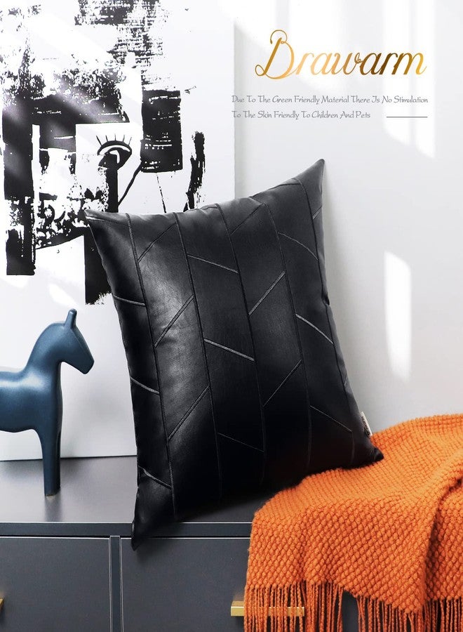 BRAWARM Faux Leather Pillow Covers 18 X 18 Inches, Black Leather Pillow Covers Pack of 2, Geometric Embroidery Leather Decorative Throw Pillows for Living Room Couch Bed Sofa Home - Image 4