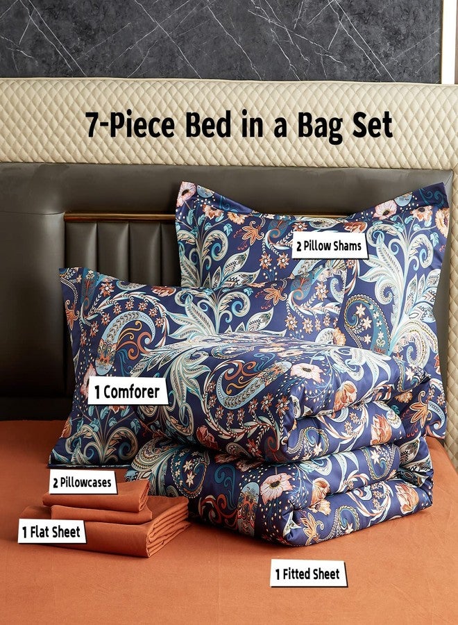 Gusuhome 7 Piece Paisley Flower Comforter Set Bed in a Bag Set Queen Size Luxury Dark Blue Vintage Floral Boho Medallion Comforter Soft & Breathable Microfiber Bedding Set for Woman Adults - Image 2