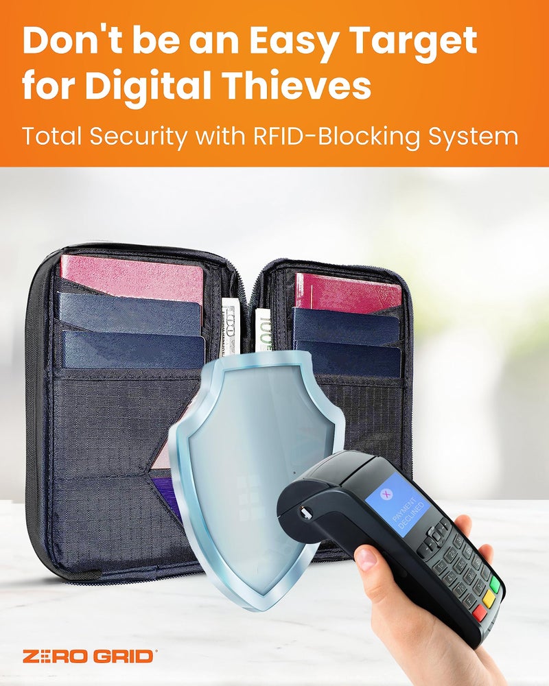 Zero Grid حامل جواز سفر للعائلة حتى 6 جوازات سفر، محفظة جواز سفر كبيرة وحامل مستندات سفر متميز مع حماية من سرقة RFID - 7 أكمام إضافية لحماية RFID - ظل - Image 2