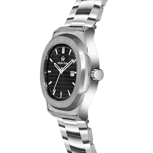 SWADESI STUFF Men’s Luxury Stainless Steel Watch — 42mm Signature Angular Dial | Date Display | Brushed & Polished Silver Bracelet | Multicolour Dials (Black/Green/White/Yellow) (Rich Black) - Image 3
