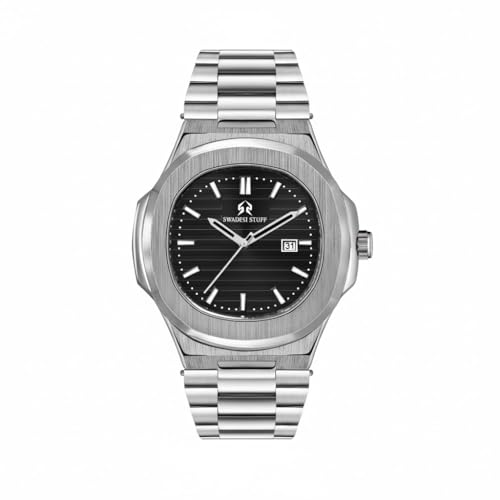 SWADESI STUFF Men’s Luxury Stainless Steel Watch — 42mm Signature Angular Dial | Date Display | Brushed & Polished Silver Bracelet | Multicolour Dials (Black/Green/White/Yellow) (Rich Black) - Image 1