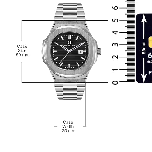 SWADESI STUFF Men’s Luxury Stainless Steel Watch — 42mm Signature Angular Dial | Date Display | Brushed & Polished Silver Bracelet | Multicolour Dials (Black/Green/White/Yellow) (Rich Black) - Image 4