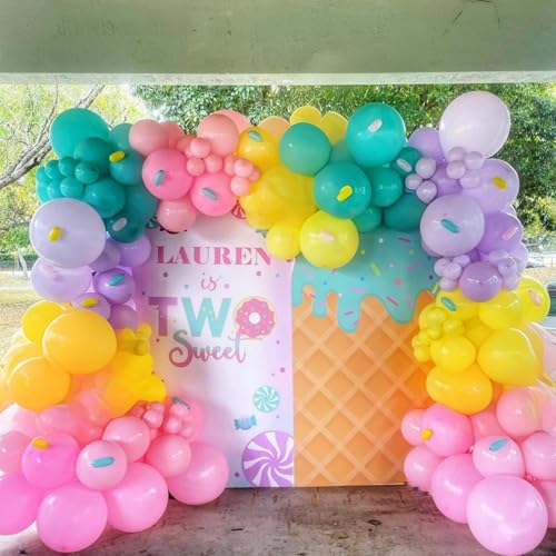 Isndare Rainbow Colorful Balloons Arch for Candy Sweet One Two Donut Grow Up Ice Cream Birthday Party Decorations Pastel Purple Pink Blue Yellow Brown Confetti Latex Balloons Garland with Long Balloon - Image 5