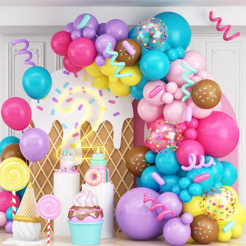 Isndare Rainbow Colorful Balloons Arch for Candy Sweet One Two Donut Grow Up Ice Cream Birthday Party Decorations Pastel Purple Pink Blue Yellow Brown Confetti Latex Balloons Garland with Long Balloon - Image 1