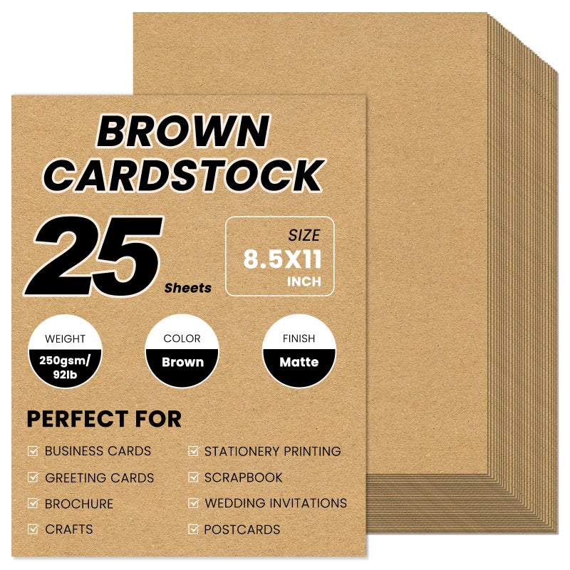 FloraSea 25 Sheets Brown Cardstock 8.5 x 11, 92lb/250gsm Kraft Card Stock Paper, Heavy Cardstock Printer Paper for Invitations, Scrapbooking, Crafts, DIY Cards - Image 1