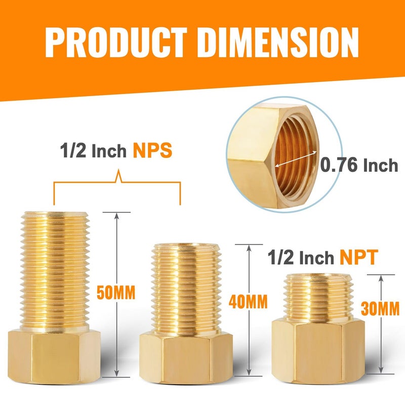 SUNGATOR 1/2" Male Ã— 1/2'' Female Brass Pipe Extension Adapter, 1/2 Inch Brass Nipple Pipe Extension Fittings for Tub Spout/Shower, 30MM/40MM/50MM Extension 1/2'' Pipe Fittings (3 Pack) - Image 3