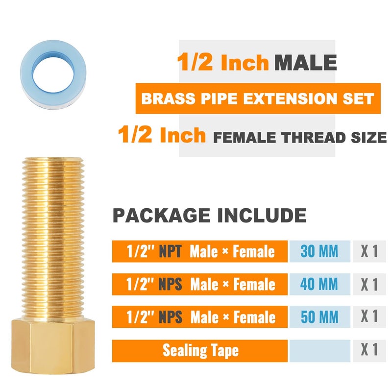 SUNGATOR 1/2" Male Ã— 1/2'' Female Brass Pipe Extension Adapter, 1/2 Inch Brass Nipple Pipe Extension Fittings for Tub Spout/Shower, 30MM/40MM/50MM Extension 1/2'' Pipe Fittings (3 Pack) - Image 2