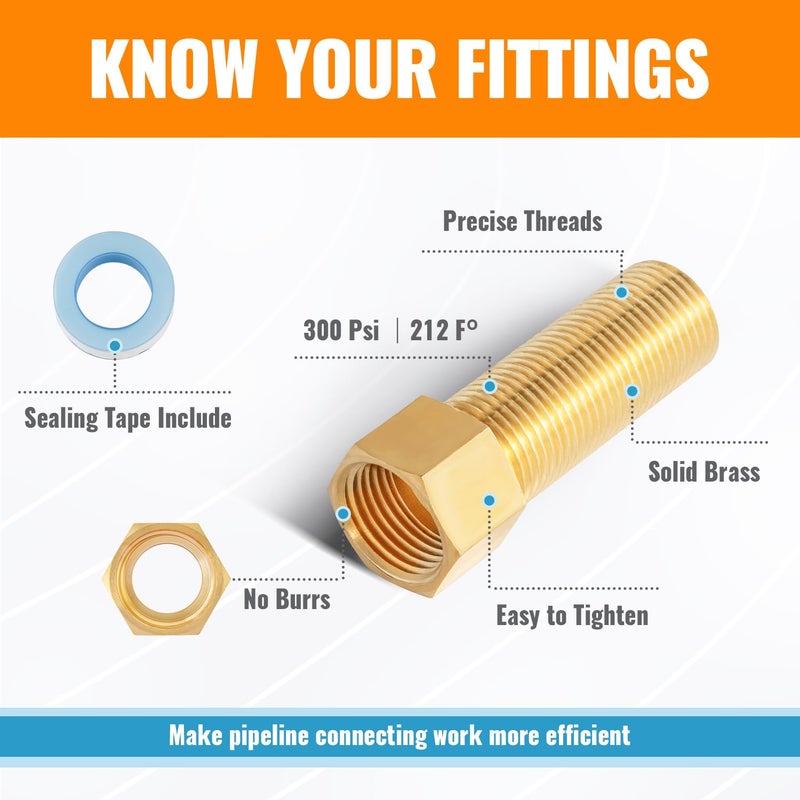 SUNGATOR 1/2" Male Ã— 1/2'' Female Brass Pipe Extension Adapter, 1/2 Inch Brass Nipple Pipe Extension Fittings for Tub Spout/Shower, 30MM/40MM/50MM Extension 1/2'' Pipe Fittings (3 Pack) - Image 4