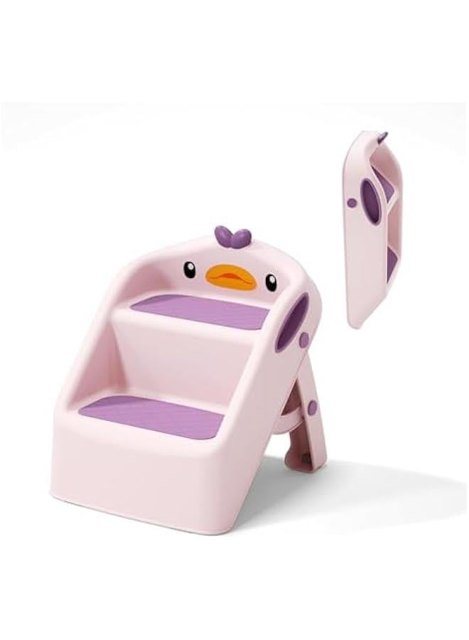 HOOKOR Toddler Step Stool, Foldable 2 Step Stools for Kids, Removable Sitting Stool for Kitchen Counter Bathroom Sink Toilet Potty Training with Handles and Non-Slip Pads (Pink) - Image 1