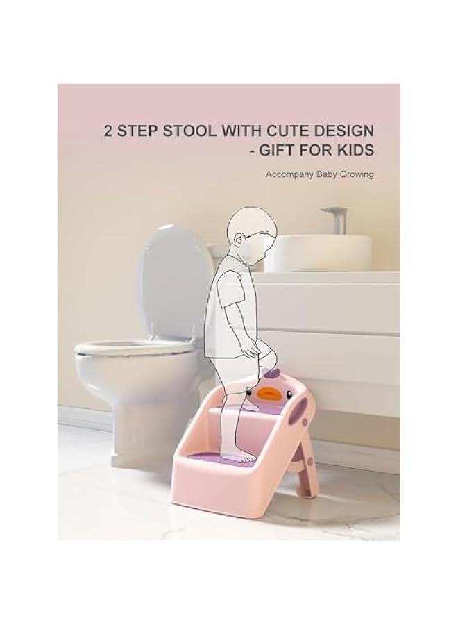 HOOKOR Toddler Step Stool, Foldable 2 Step Stools for Kids, Removable Sitting Stool for Kitchen Counter Bathroom Sink Toilet Potty Training with Handles and Non-Slip Pads (Pink) - Image 2