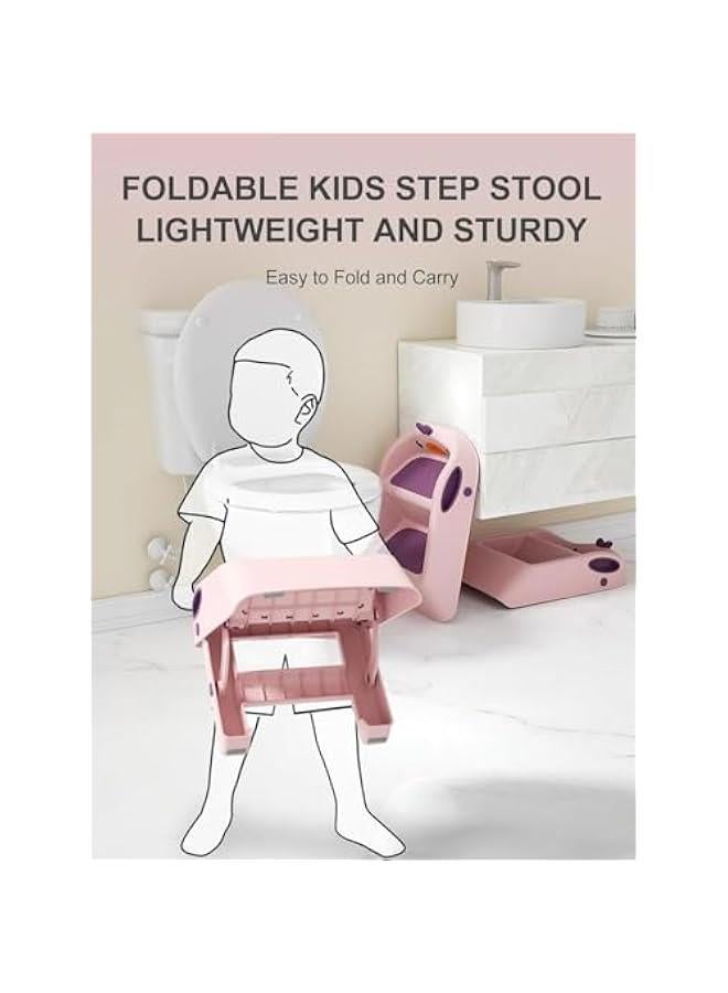 HOOKOR Toddler Step Stool, Foldable 2 Step Stools for Kids, Removable Sitting Stool for Kitchen Counter Bathroom Sink Toilet Potty Training with Handles and Non-Slip Pads (Pink) - Image 3