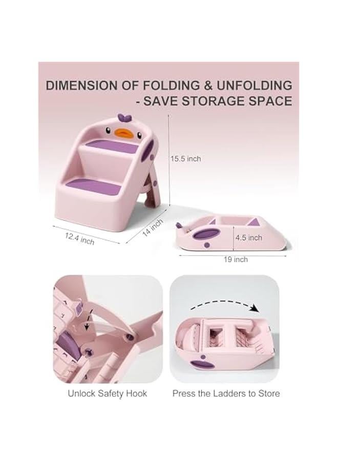 HOOKOR Toddler Step Stool, Foldable 2 Step Stools for Kids, Removable Sitting Stool for Kitchen Counter Bathroom Sink Toilet Potty Training with Handles and Non-Slip Pads (Pink) - Image 4