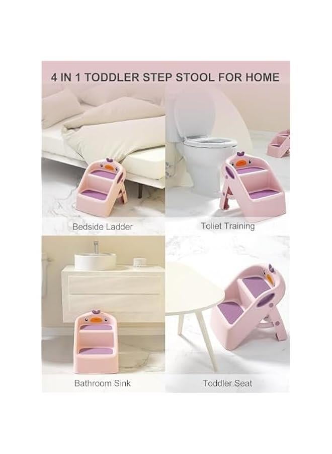 HOOKOR Toddler Step Stool, Foldable 2 Step Stools for Kids, Removable Sitting Stool for Kitchen Counter Bathroom Sink Toilet Potty Training with Handles and Non-Slip Pads (Pink) - Image 5