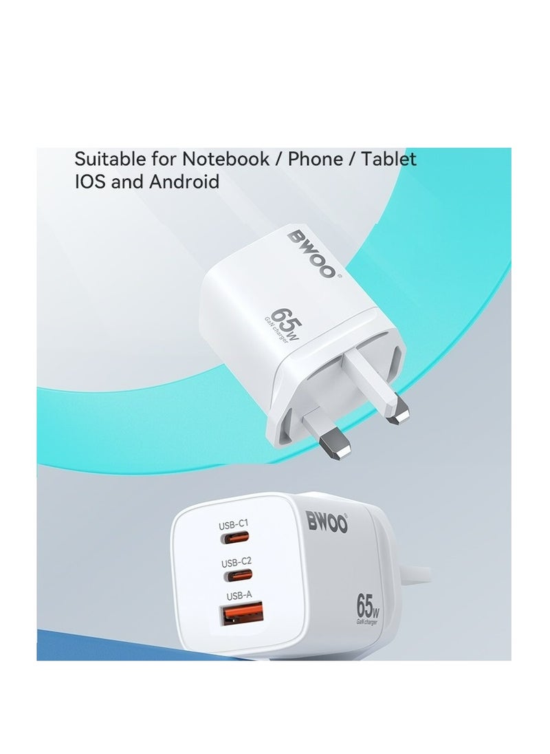 BWOO - Bwoo Super fast Wall Charger, Fast Charger 65W Gan 3 in 1,Fast Charger for Iphone, Ipad, Iwatch, Samsung, Vivo, Oppo Etc - Image 1