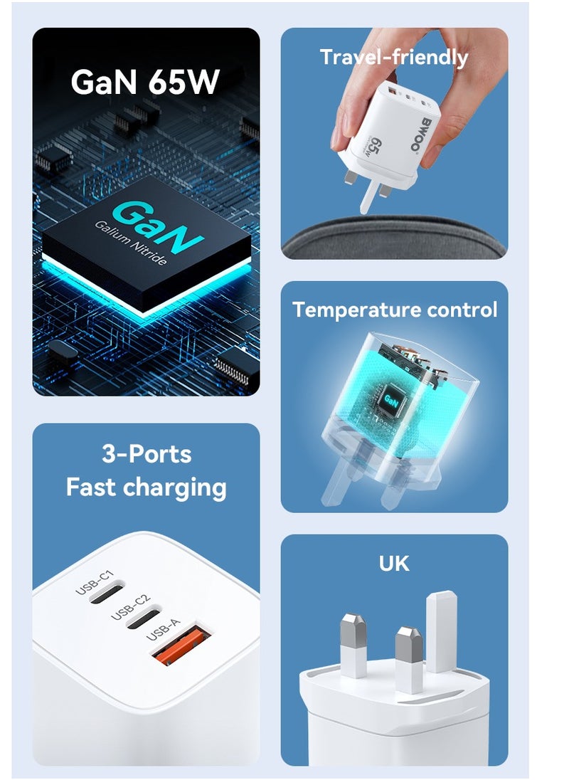BWOO - Bwoo Super fast Wall Charger, Fast Charger 65W Gan 3 in 1,Fast Charger for Iphone, Ipad, Iwatch, Samsung, Vivo, Oppo Etc - Image 1