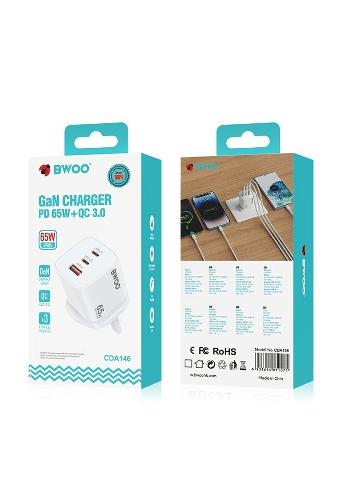 BWOO - Bwoo Super fast Wall Charger, Fast Charger 65W Gan 3 in 1,Fast Charger for Iphone, Ipad, Iwatch, Samsung, Vivo, Oppo Etc - Image 1