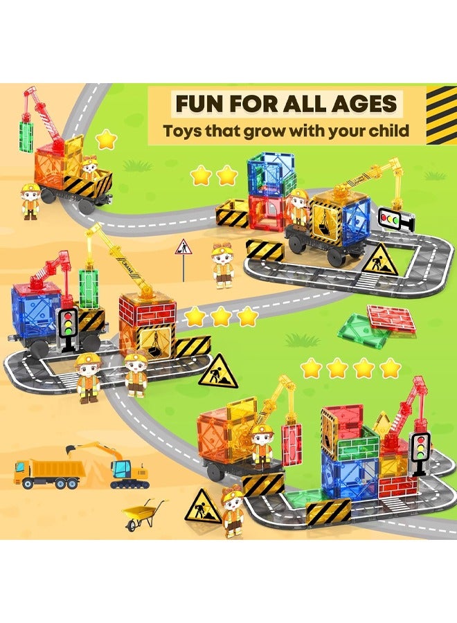 Kids Games Magnetic Tiles Road Set with Extendable Magnetic Crane, City Construction Building Toys for Toddlers STEM Preschool Toys Ages 4-6 5-7, Gifts for 3+ Year Old Boys Girls Kids Toys with Car  - Image 3