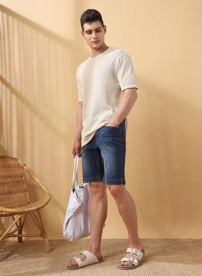 Dennis Lingo Men's Off White Flat Knit Textured Regular Fit T-Shirt