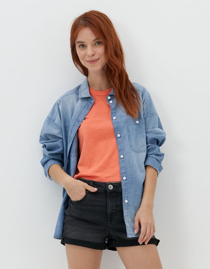 American Eagle AE Long-Sleeve Denim Button-Up Shirt - Image 1