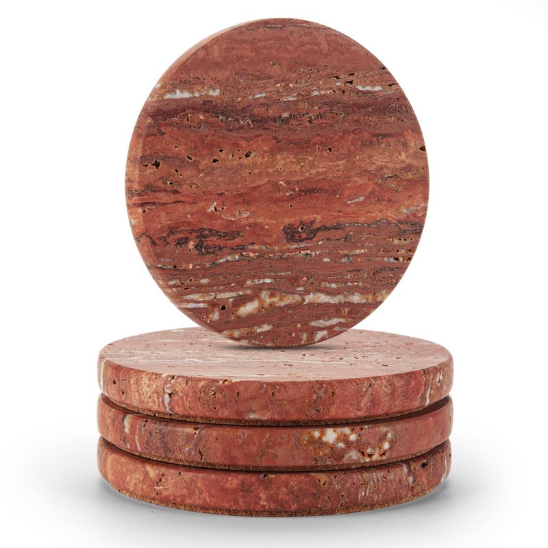 WORHE Marble Coaster for Drinks 4 Diameter Set of 4 Round Travertine Coasters for Home Decor Office Parties Birthday Housewarming Gift Protect Countertops from DirtySturdy and Tough Red WH026