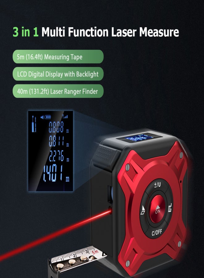 in 1 Tape Measure Digital Ranger Finder 16Ft Measuring Tape 131Ft Rechargeable Multi Function Measure Distance/ Area/ Volume/ Pythagorean, Unit Switching, Data Storage