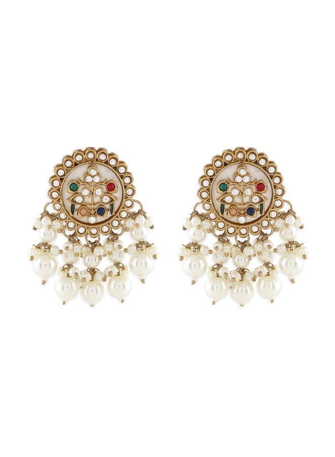 Zaveri Pearls أقراط متدلية من اللؤلؤ متعدد الألوان مرصعة بأحجار مطلية بطلاء عتيق للنساء من زافيري بيرلز - ZPFK21839 - Image 1