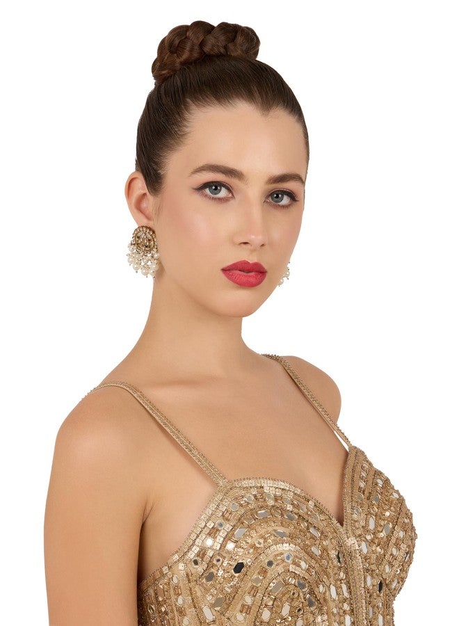 Zaveri Pearls أقراط متدلية من اللؤلؤ متعدد الألوان مرصعة بأحجار مطلية بطلاء عتيق للنساء من زافيري بيرلز - ZPFK21839 - Image 3