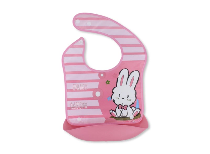 La Frutta Waterproof Pocket Bib – Pink Striped with Bunny Print - Image 1