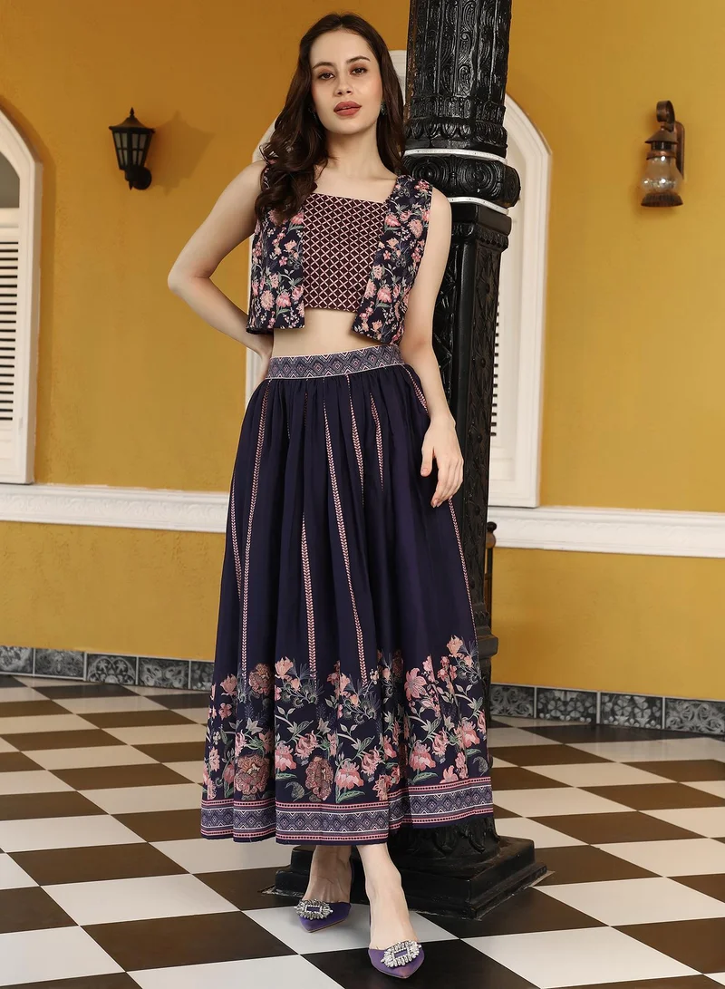  قصة Women's Navy Blue Geometrical-Flora Co-Ord Set For Ethnic Wear | Open-Front Neck , Sleeveless , Straight Hem | Floral Print Plain Fabric | 3 Piece Co-Ords Designed For Evening & Party Wear