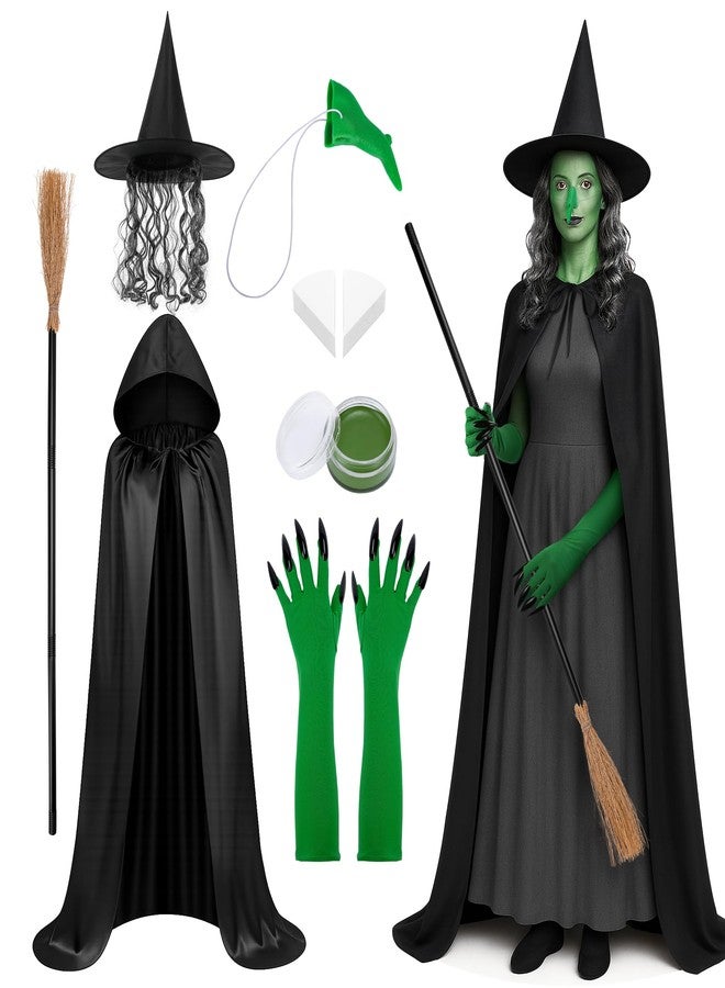 Shupakul 7 Pcs Halloween Green Nose Witch Costumes Set,Old Witch Costume with Broom,Halloween Witches Costume for Women Cosplay Props Party Outfits - Image 1