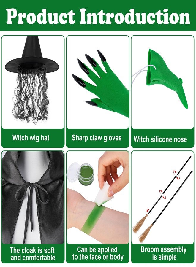 Shupakul 7 Pcs Halloween Green Nose Witch Costumes Set,Old Witch Costume with Broom,Halloween Witches Costume for Women Cosplay Props Party Outfits - Image 3