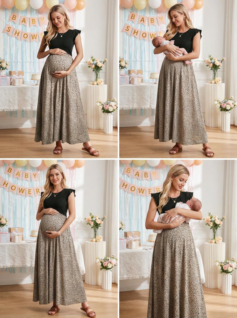 OUGES Women 2025 Spring Summer Floral Maxi Dresses Maternity Clothes Casual Long Fashion Photoshoot Dress with Pockets(Floral A,M) - Image 2