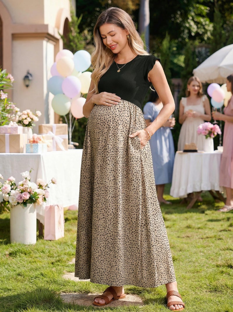 OUGES Women 2025 Spring Summer Floral Maxi Dresses Maternity Clothes Casual Long Fashion Photoshoot Dress with Pockets(Floral A,M) - Image 4