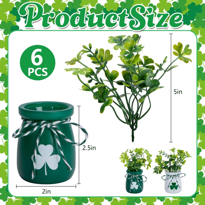 Iceyyyy 6 Set St.Patrick's Day Mini Shamrock Jars, Saint Patricks Day Mini Shamrock Vase with Fake Clover, St Patricks Day Centerpieces for Irish Holiday Home Party Supplies - Image 2