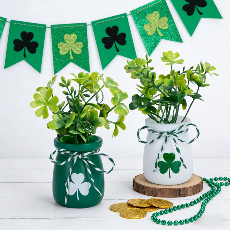 Iceyyyy 6 Set St.Patrick's Day Mini Shamrock Jars, Saint Patricks Day Mini Shamrock Vase with Fake Clover, St Patricks Day Centerpieces for Irish Holiday Home Party Supplies - Image 5